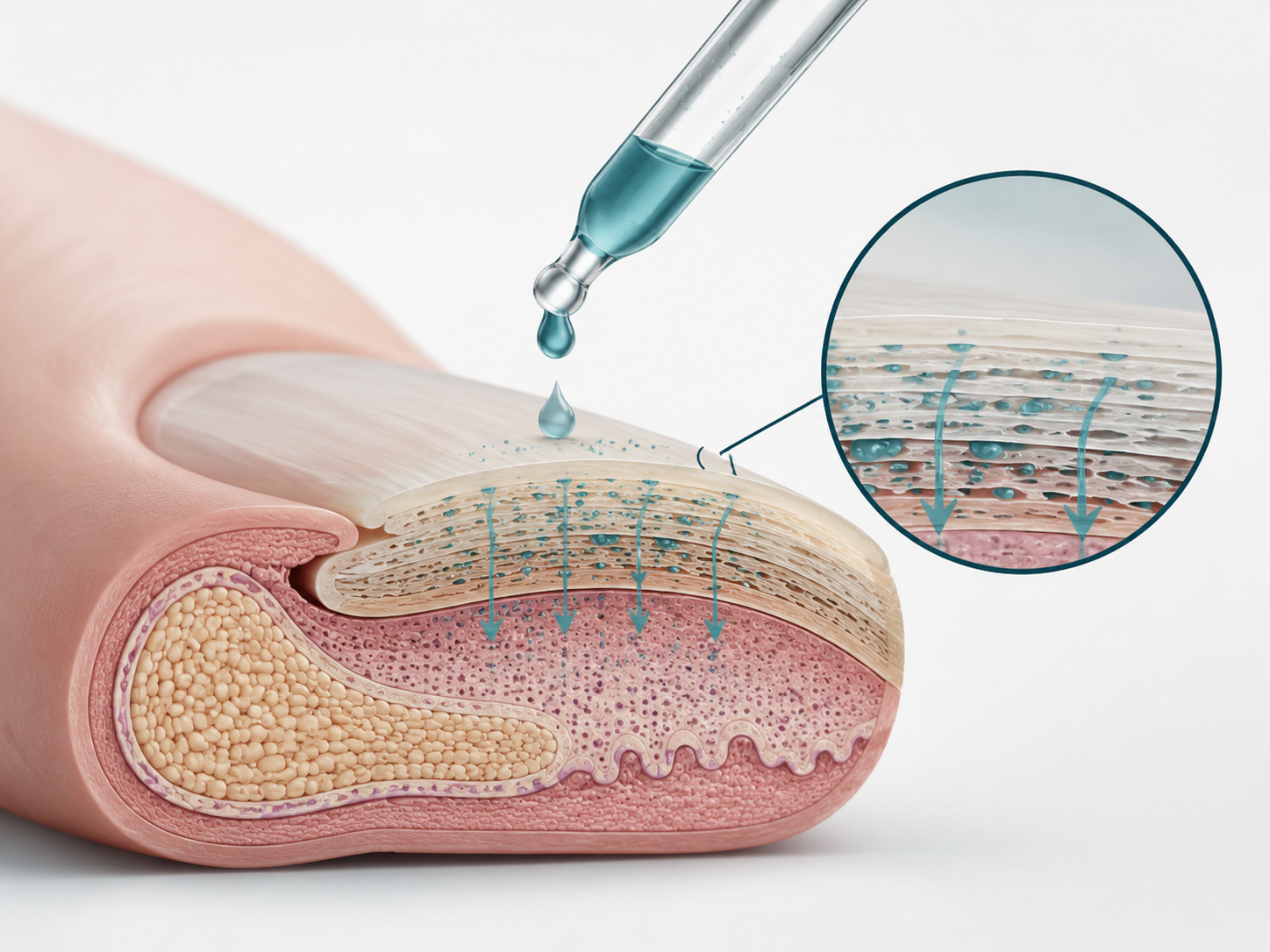 Clean schematic cross-section illustration of a toenail and nail bed showing how a topical liquid penetrates a lightly f